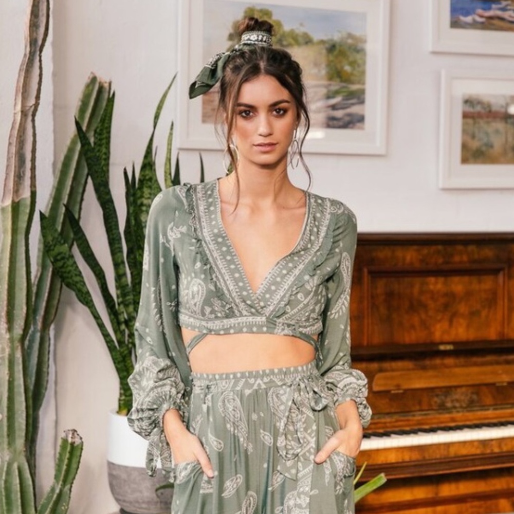 JAASE Constance Print Long Sleeve Wrap Crop Top